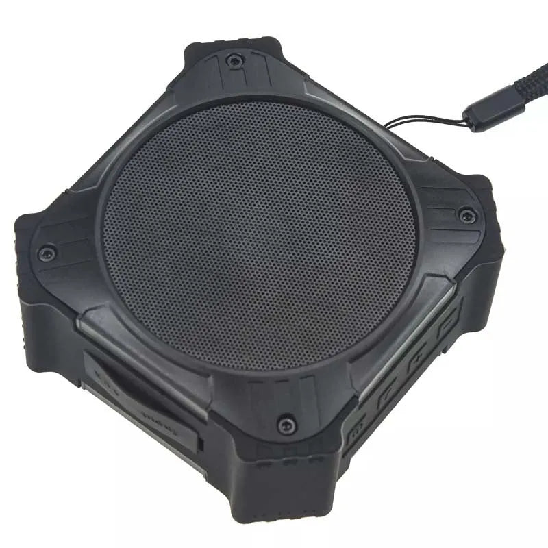 Black waterproof portable Bluetooth speaker with wrist strap showing compact 101x101x47mm dimensions