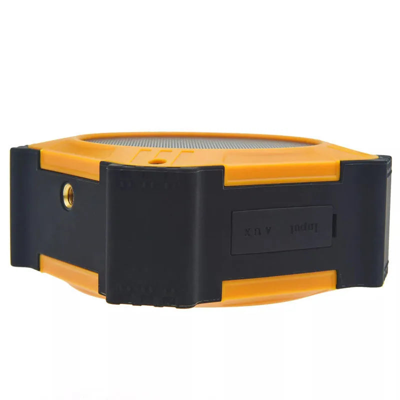 Black waterproof portable Bluetooth speaker with wrist strap showing compact 101x101x47mm dimensions