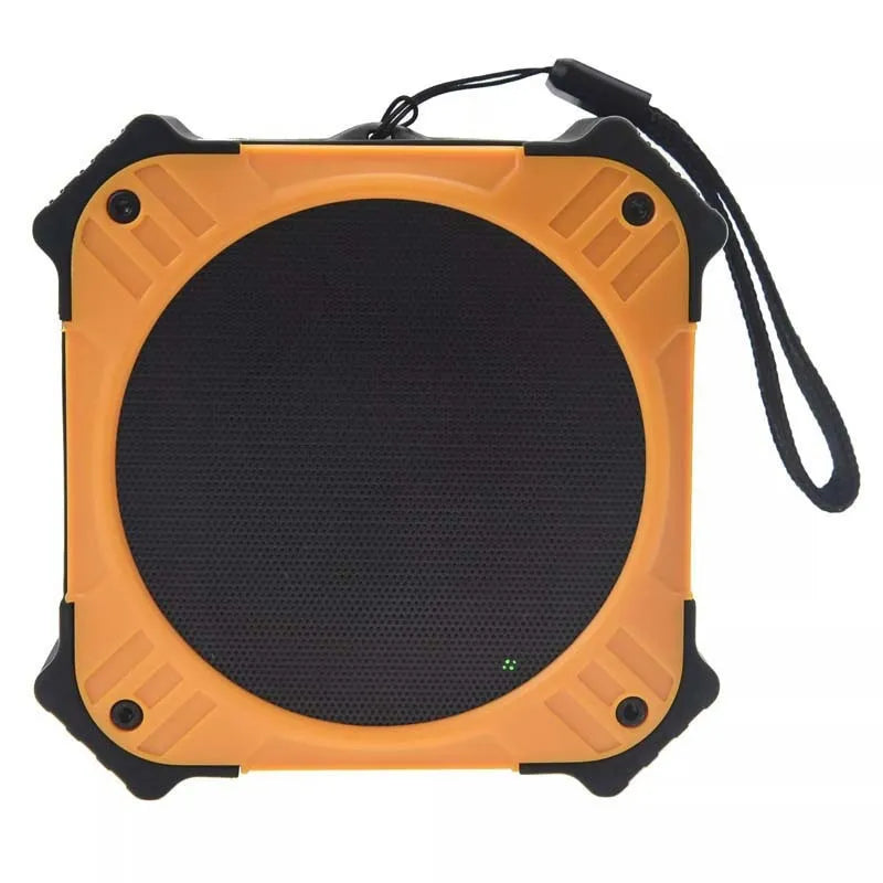 Black waterproof portable Bluetooth speaker with wrist strap showing compact 101x101x47mm dimensions