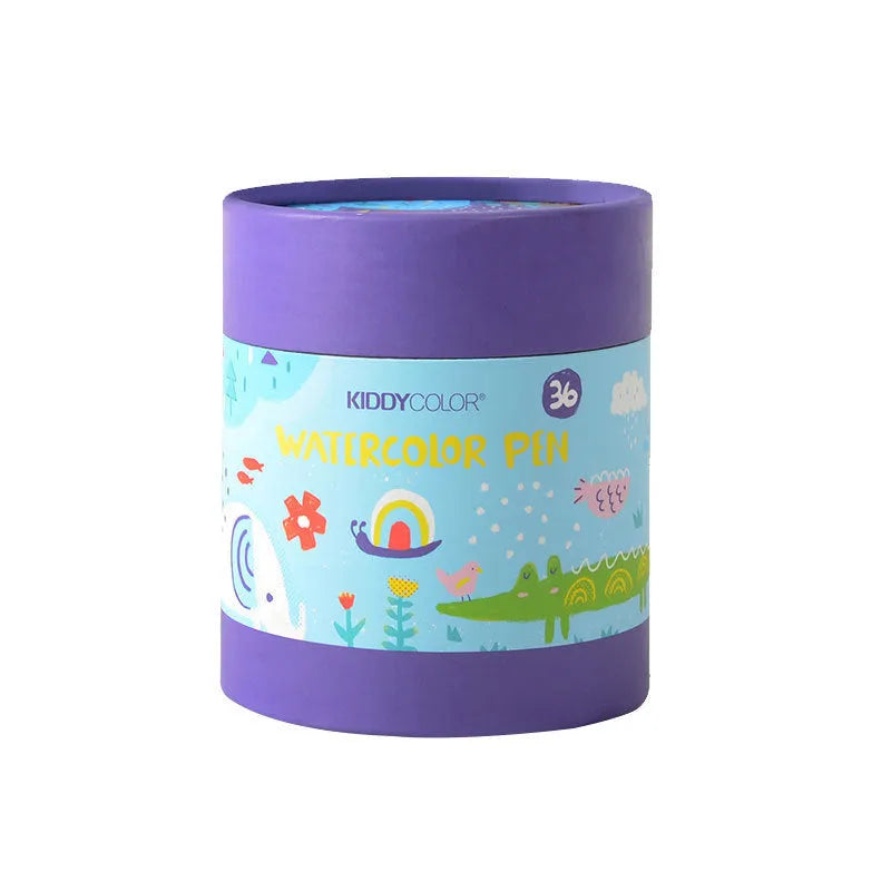 Children's washable watercolour pen set showing 36 and 48 colour barrel options with non-toxic plastic construction