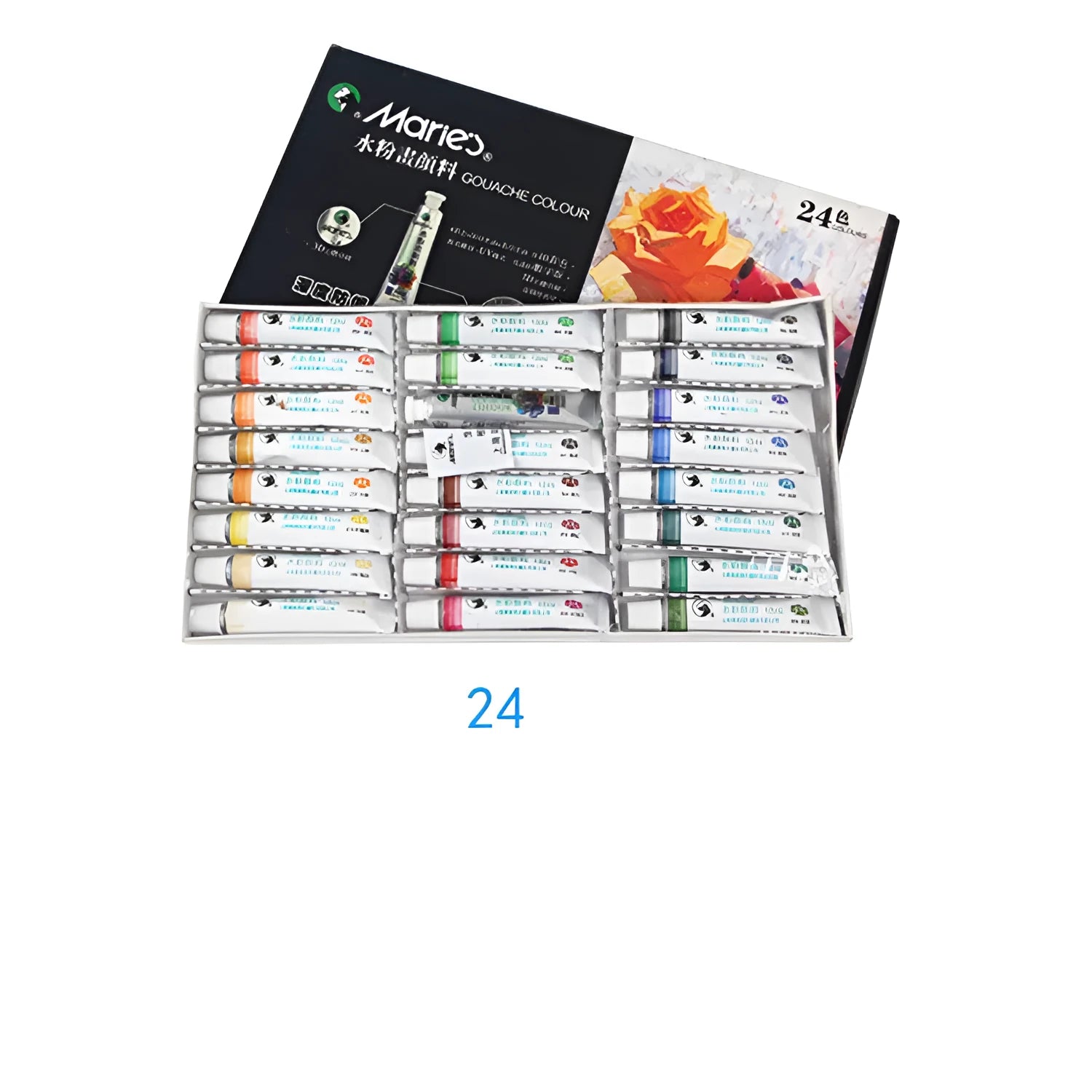 Boxed set of Marley gouache paint tubes in 12, 18, and 24 colour options for artists.