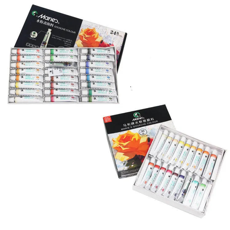 Boxed set of Marley gouache paint tubes in 12, 18, and 24 colour options for artists.