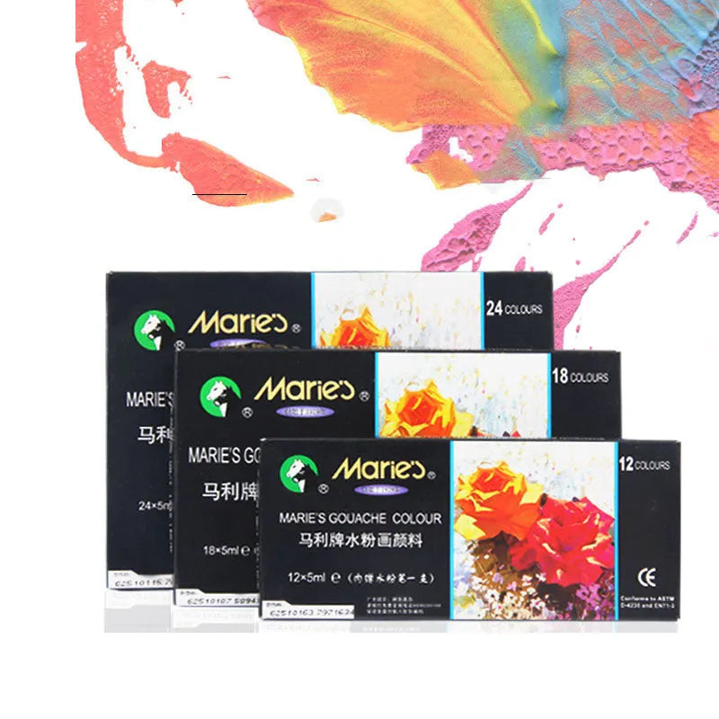 Boxed set of Marley gouache paint tubes in 12, 18, and 24 colour options for artists.