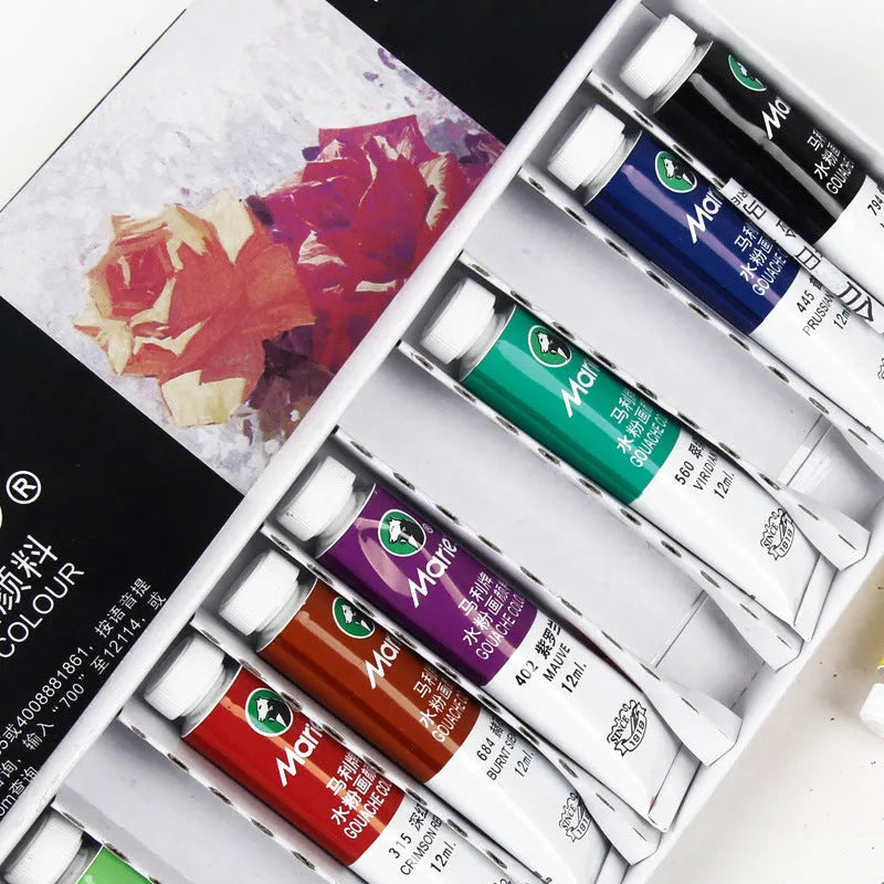 Boxed set of Marley gouache paint tubes in 12, 18, and 24 colour options for artists.