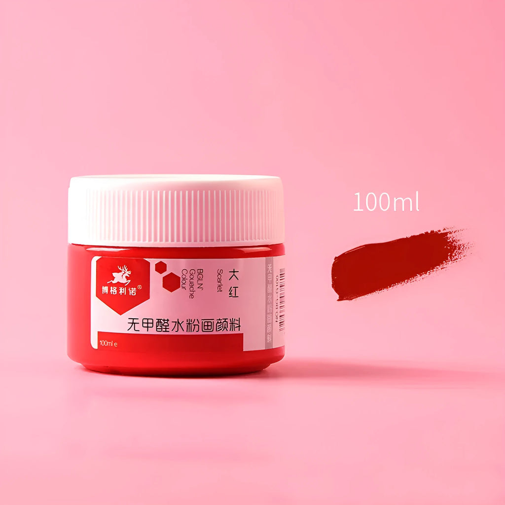 100g bottled gouache paint in eight colours: black, blue, dark blue, orange, purple, red, sky blue, yellow