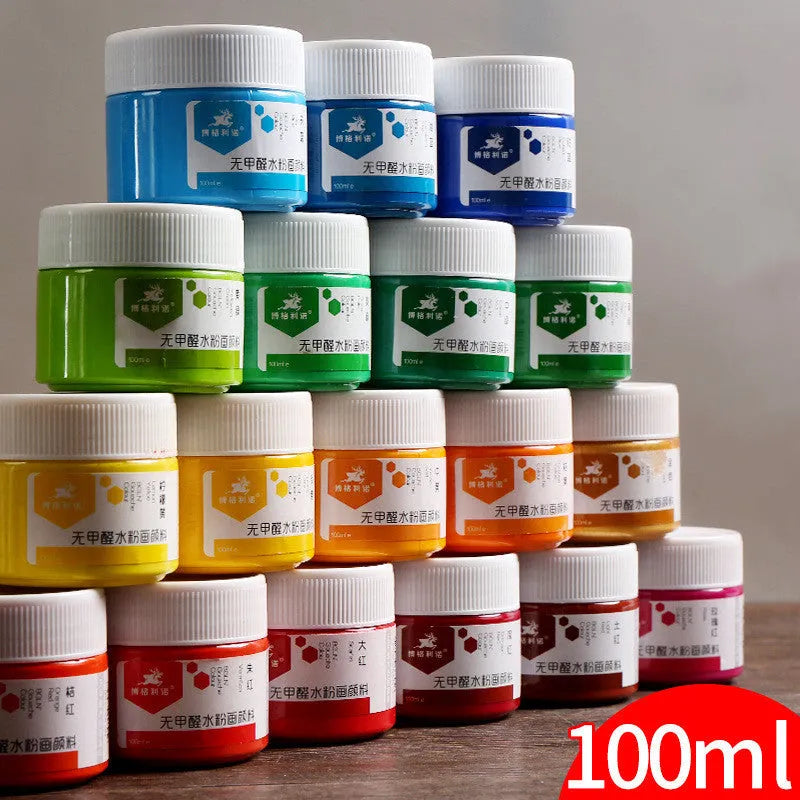 100g bottled gouache paint in eight colours: black, blue, dark blue, orange, purple, red, sky blue, yellow