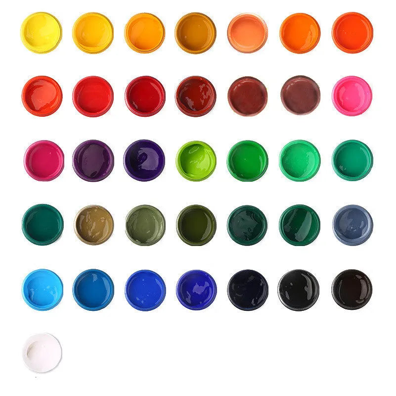 100g bottled gouache paint in eight colours: black, blue, dark blue, orange, purple, red, sky blue, yellow