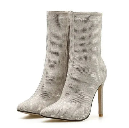 Women's pointed toe stiletto heeled boots in beige suede with rhinestone detail and side zipper