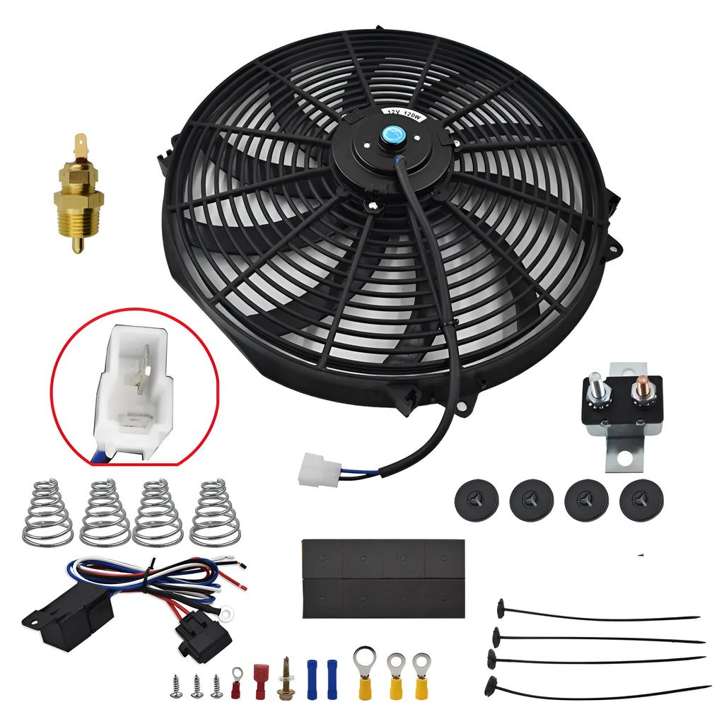 16-inch black universal radiator cooling fan with curved blades and steel motor, includes thermostat kit