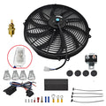 16-inch black universal radiator cooling fan with curved blades and steel motor, includes thermostat kit
