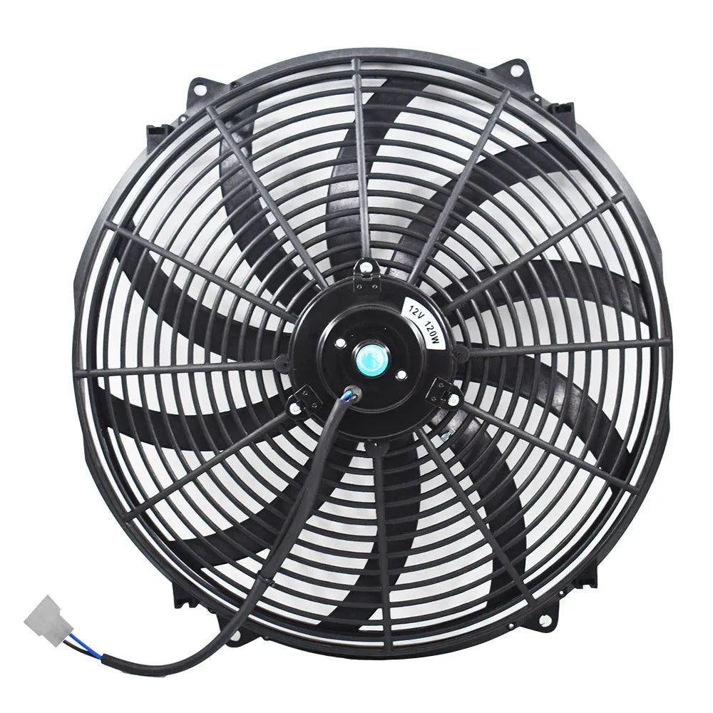 16-inch black universal radiator cooling fan with curved blades and steel motor, includes thermostat kit