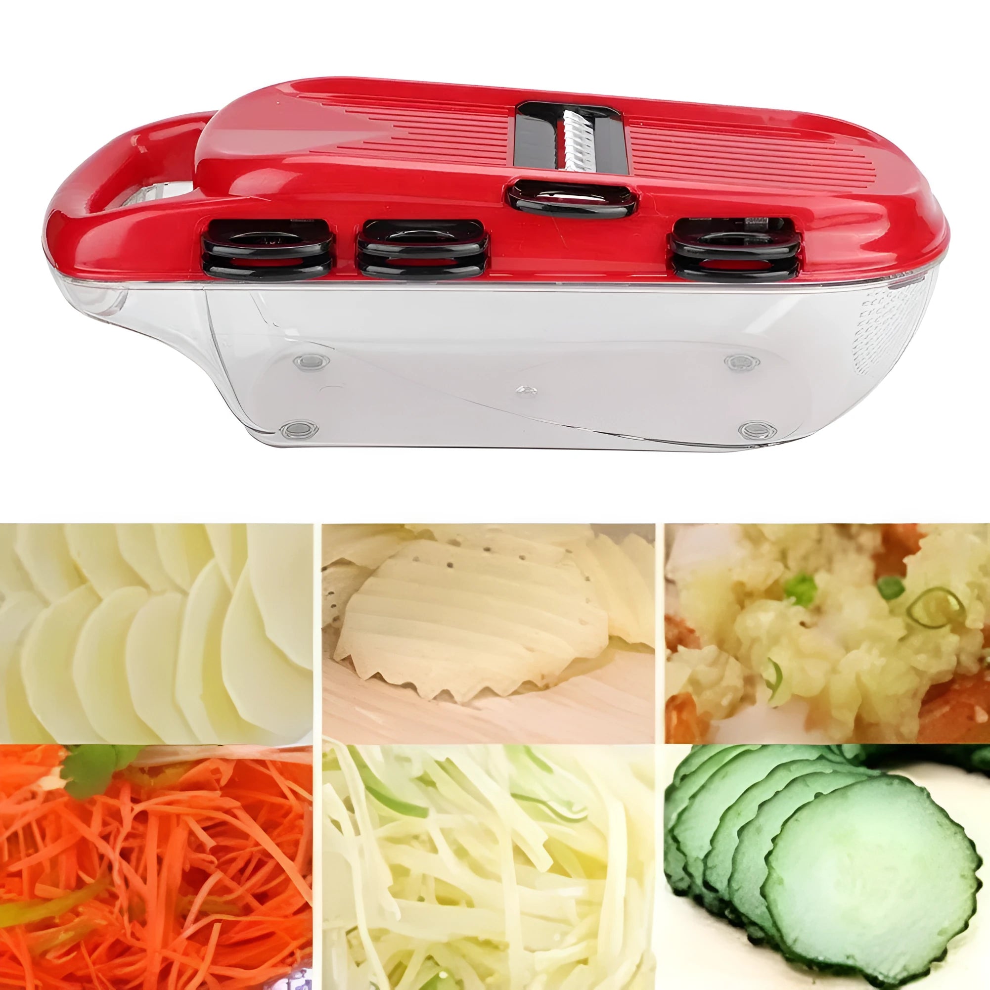 Red multi-function vegetable cutter with 7 stainless steel blades and hand guard