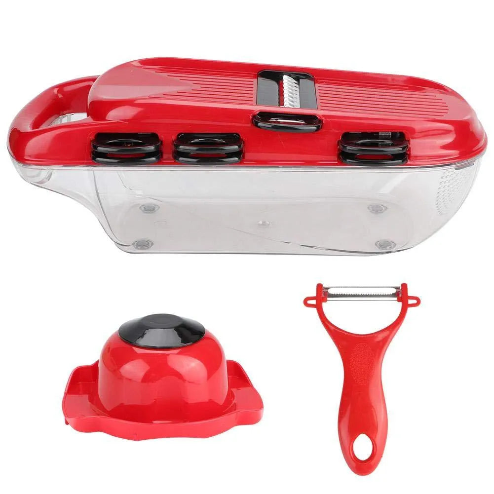 Red multi-function vegetable cutter with 7 stainless steel blades and hand guard