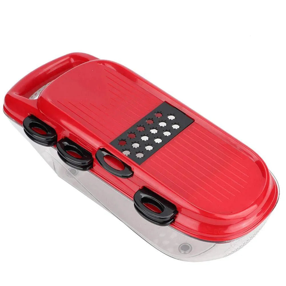 Red multi-function vegetable cutter with 7 stainless steel blades and hand guard