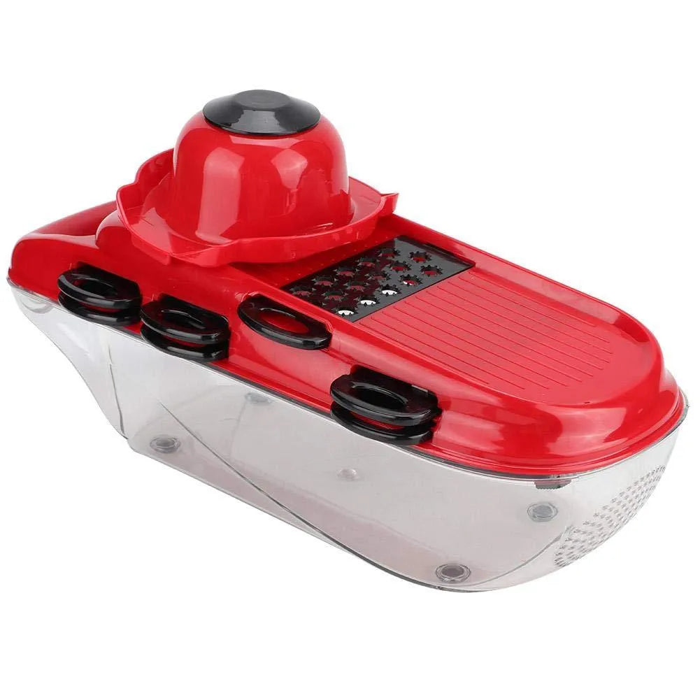 Red multi-function vegetable cutter with 7 stainless steel blades and hand guard