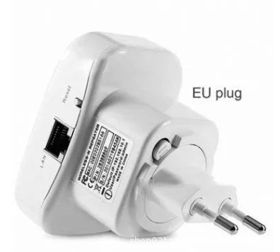 Black and white Wi-Fi repeater with interchangeable UK, EU, US, AU plugs and a network cable.