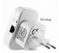 Black and white Wi-Fi repeater with interchangeable UK, EU, US, AU plugs and a network cable.