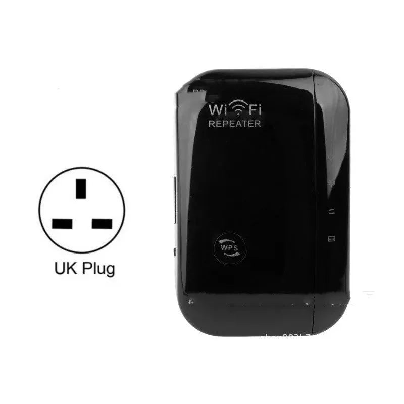 Black and white WiFi repeater with multiple international plug types and network cable