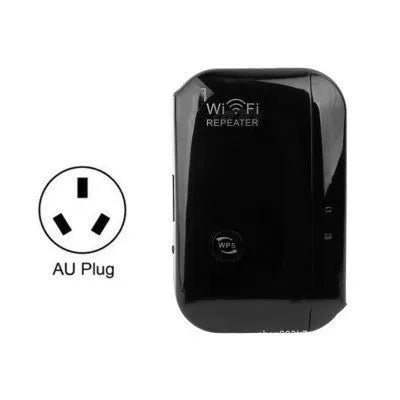 Black and white WiFi repeater with multiple international plug types and network cable