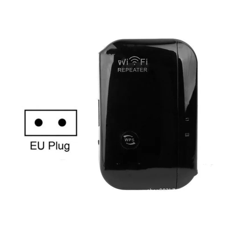 Black and white WiFi repeater with multiple international plug types and network cable