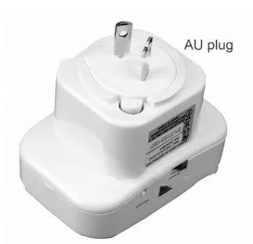 Black and white WiFi repeater with multiple international plug types and network cable