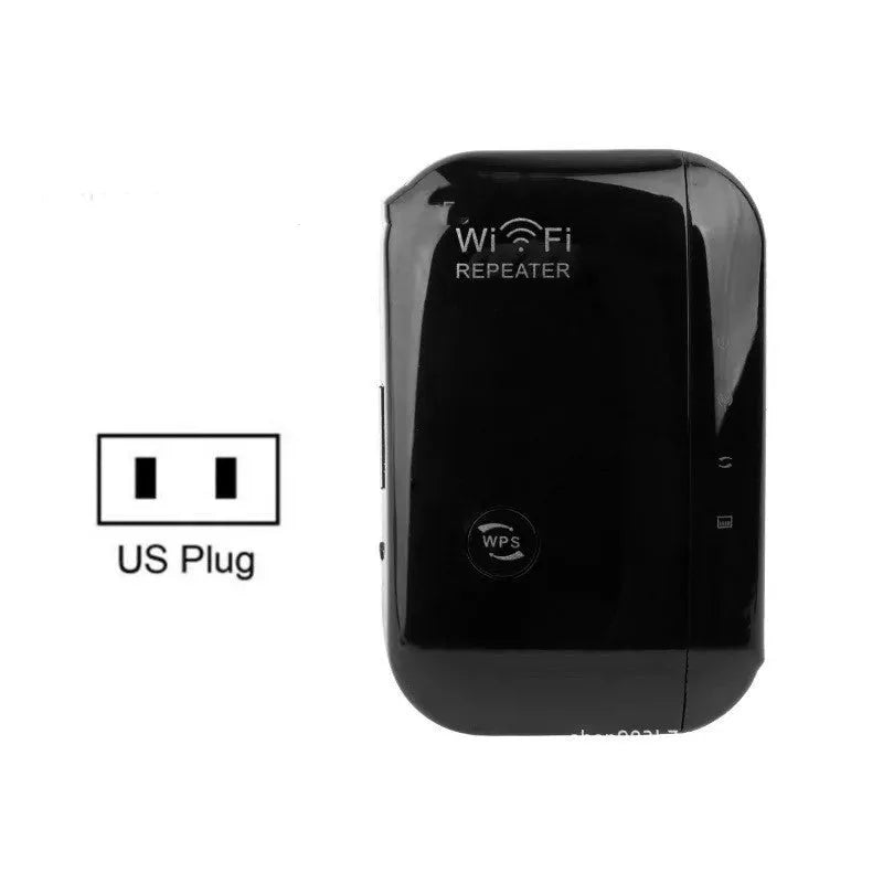 Black and white WiFi repeater with multiple international plug types and network cable