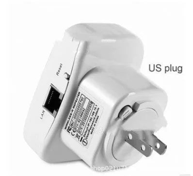 Black and white WiFi repeater with multiple international plug types and network cable