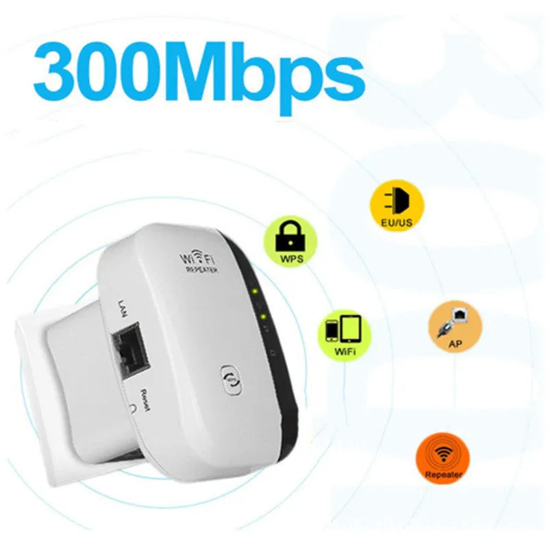 Black and white Wi-Fi repeater with interchangeable UK, EU, US, AU plugs and a network cable.