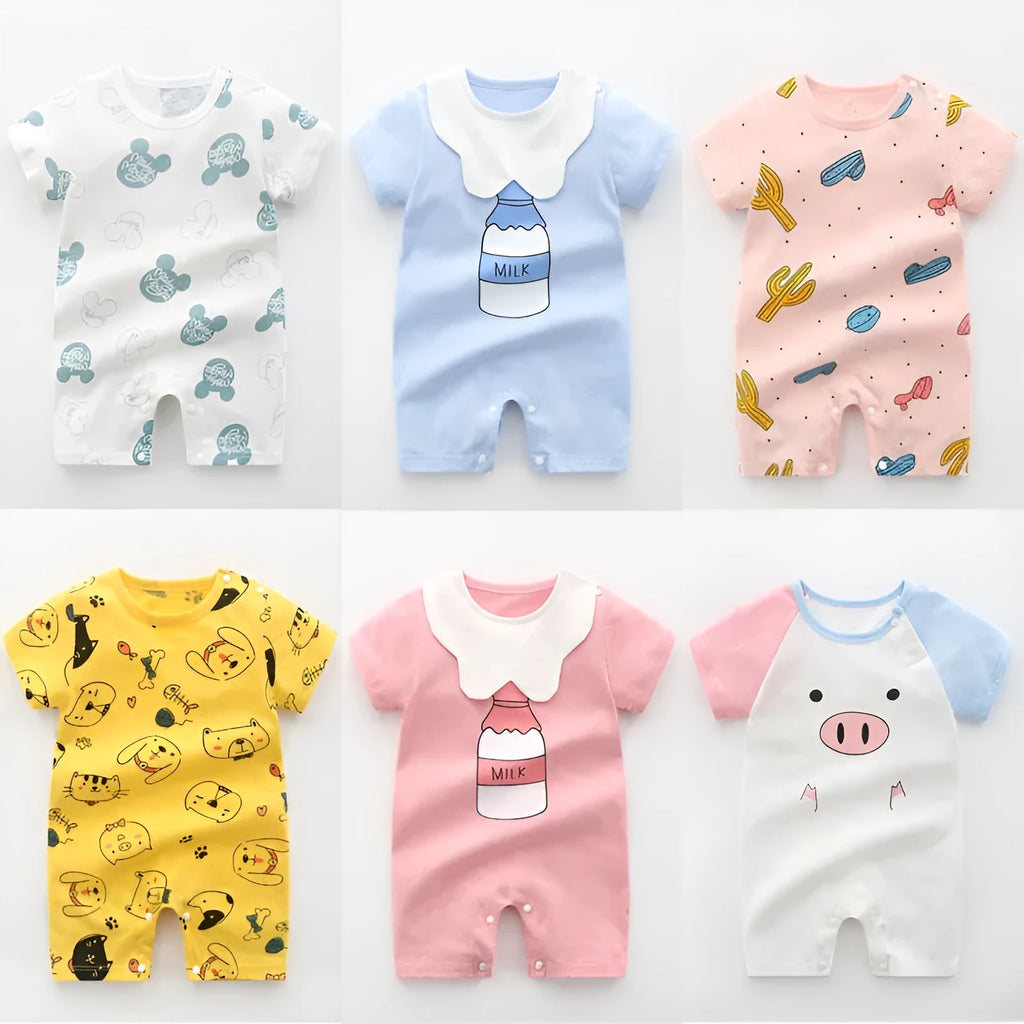 Newborn 100% cotton summer romper in blue short sleeve pullover style on white background
