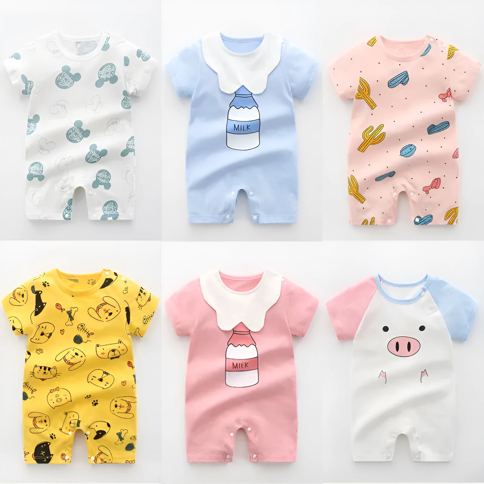 Newborn 100% cotton summer romper in blue short sleeve pullover style on white background