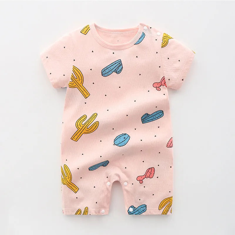 Newborn 100% cotton summer romper in blue short sleeve pullover style on white background