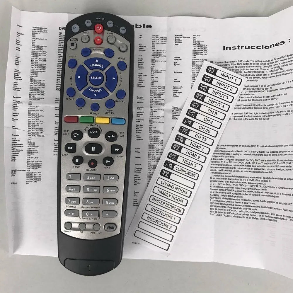 Black flat universal remote control for DISH Network satellite receiver.