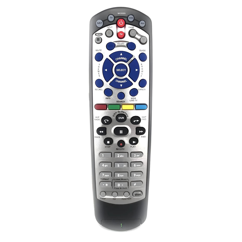 Black flat universal remote control for DISH Network satellite receiver.