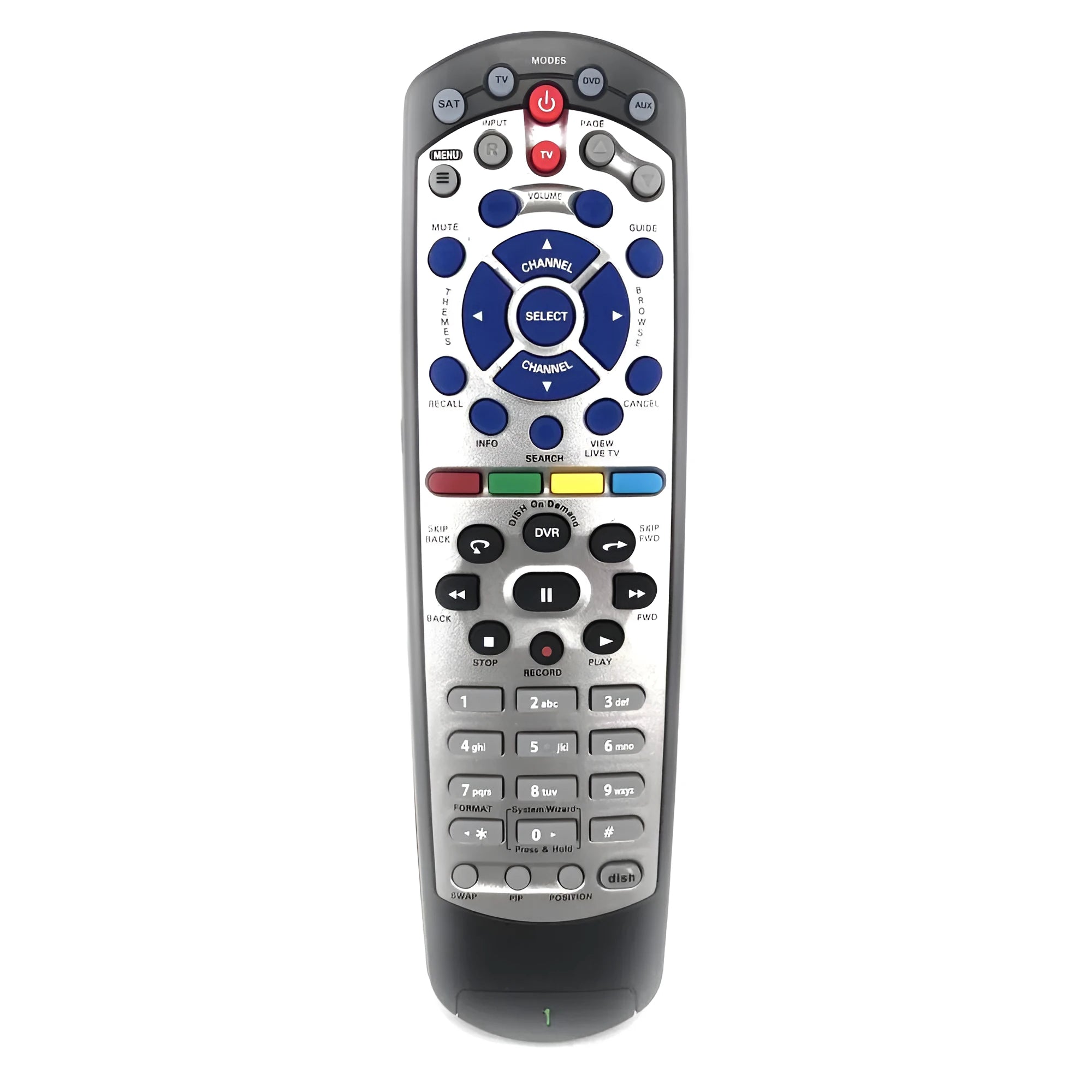 Black flat universal remote control for DISH Network satellite receiver.