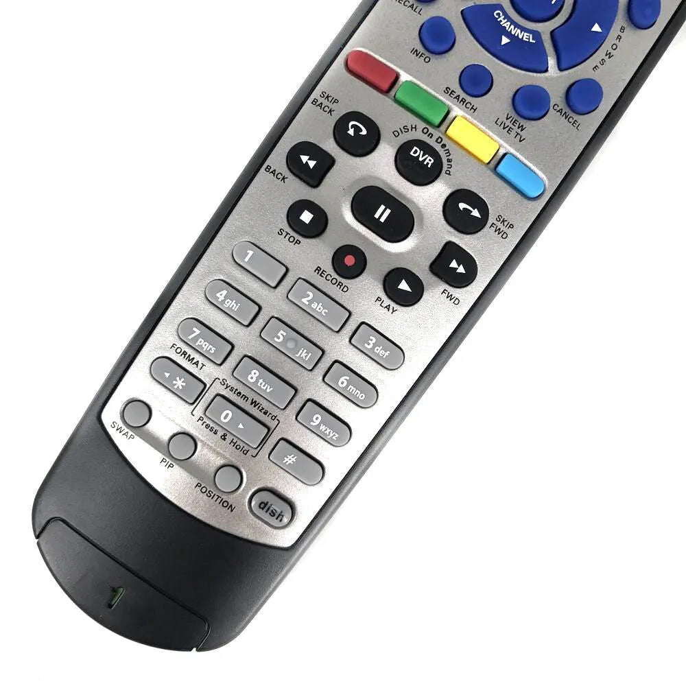 Black flat universal remote control for DISH Network satellite receiver.