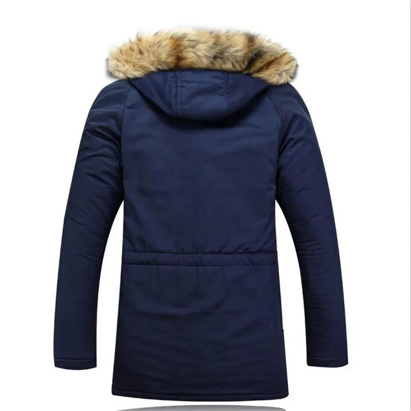 Men's cotton winter jacket with fur-trimmed hood and zip front, shown in army green, black and navy blue