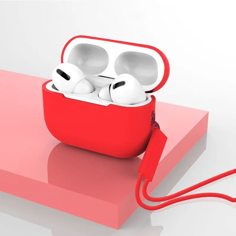 Silicone protective case cover for AirPods Pro 2 with attached lanyard, solid colour finish, 65x52x26mm