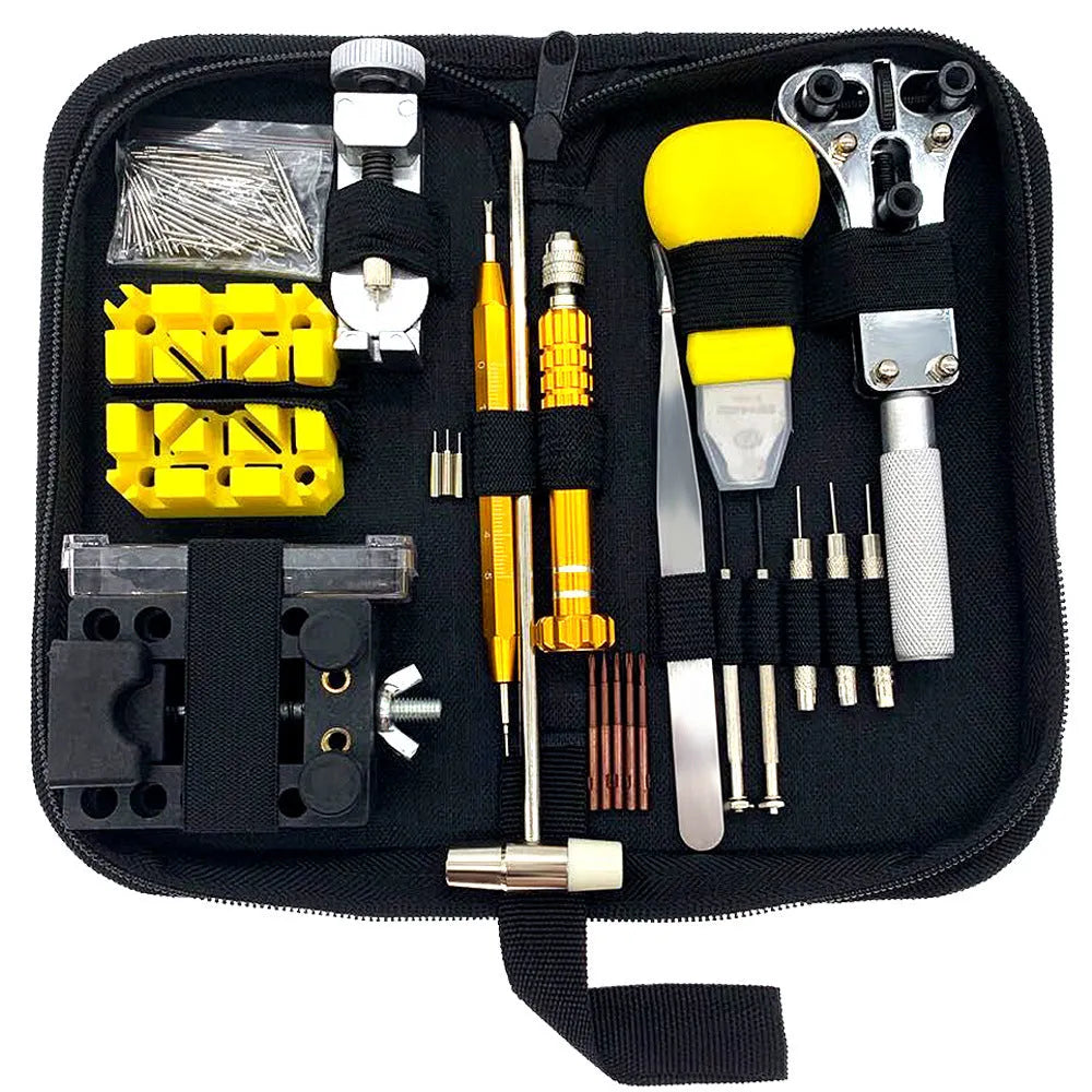 148-piece watch repair tool set with diamond hand pliers in black colour option