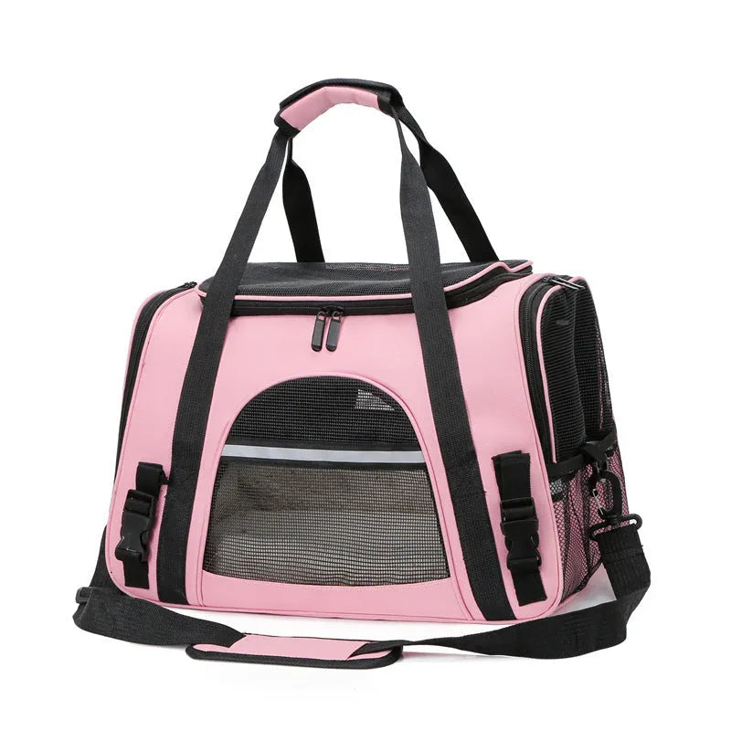 Portable Oxford cloth pet carrier bag for cats and dogs up to 10kg black exterior with mesh window and shoulder strap