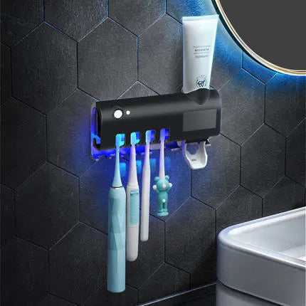 Smart toothbrush sterilizer UV wall-mounted holder in black with adhesive paste