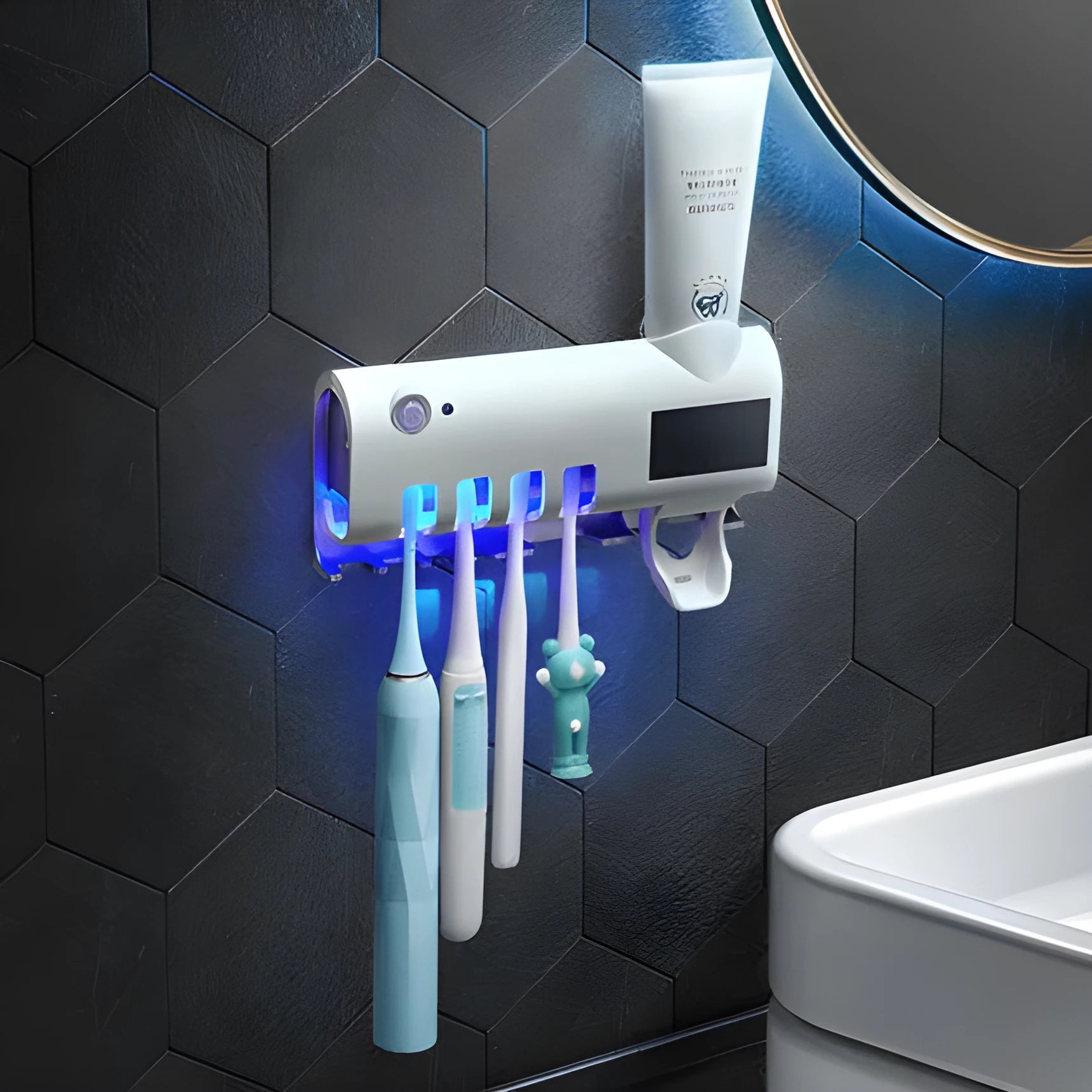 Smart toothbrush sterilizer UV wall-mounted holder in black with adhesive paste