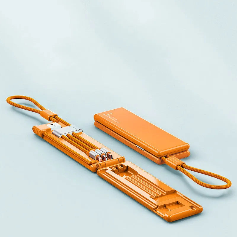 Portable three-way charger showing iPhone, Type-C and Micro USB interfaces in compact black design