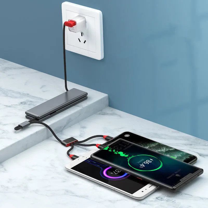 Portable three-way charger showing iPhone, Type-C and Micro USB interfaces in compact black design