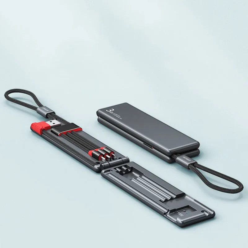 Portable three-way charger showing iPhone, Type-C and Micro USB interfaces in compact black design