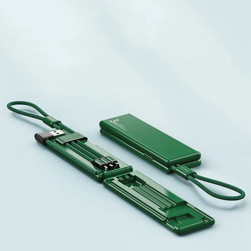 Portable three-way charger showing iPhone, Type-C and Micro USB interfaces in compact black design