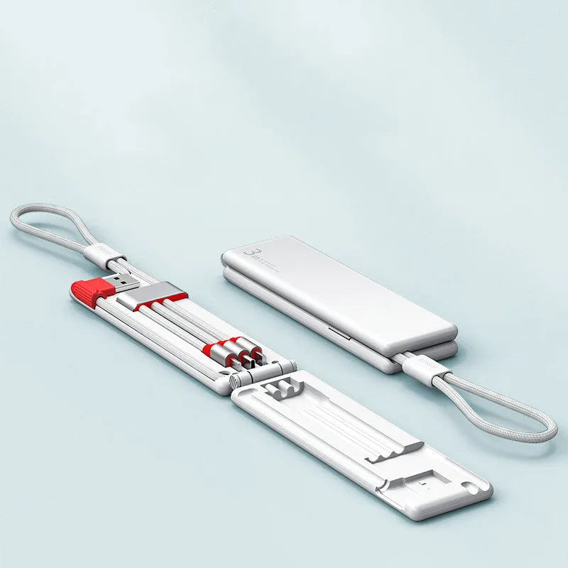 Portable three-way charger showing iPhone, Type-C and Micro USB interfaces in compact black design