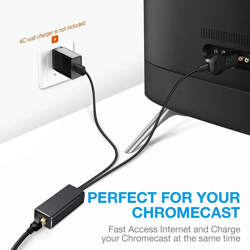 Black USB 2.0 to RJ45 Ethernet adapter for Google Chromecast and TV Stick, 58.6 x 23.9 x 16.9mm, 40g