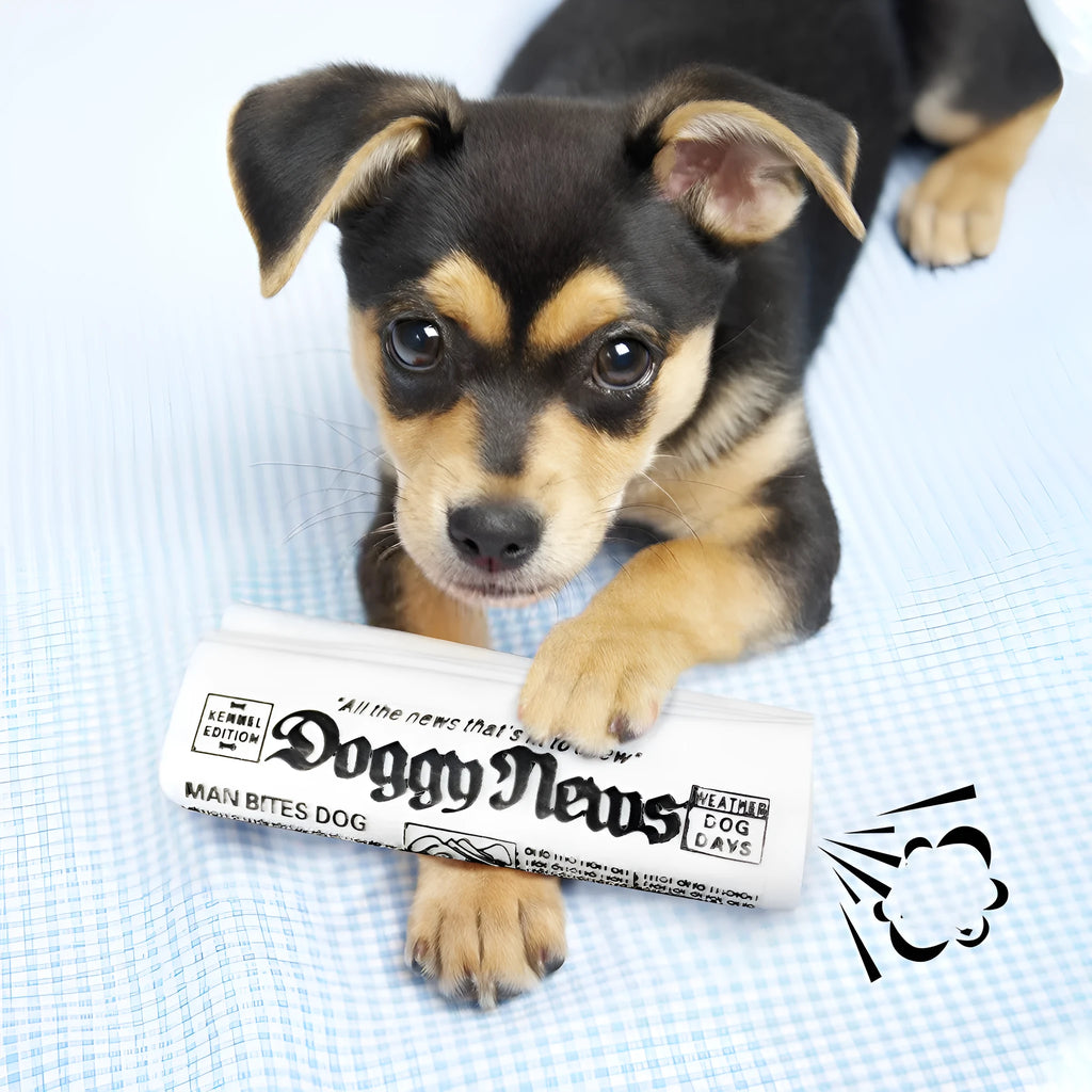 Squeaky black and white PVC dog toy shaped like a rolled newspaper on a surface