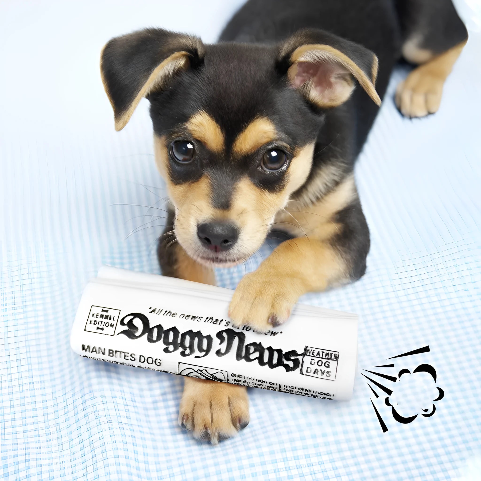 Squeaky black and white PVC dog toy shaped like a rolled newspaper on a surface