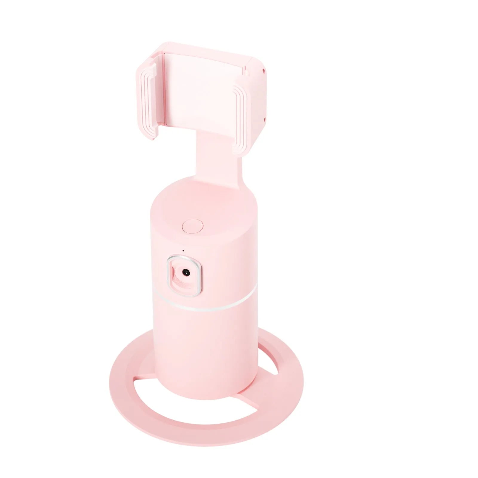 Black smart tracking gimbal stabiliser clipped onto a mobile phone showing 360-degree rotation capability